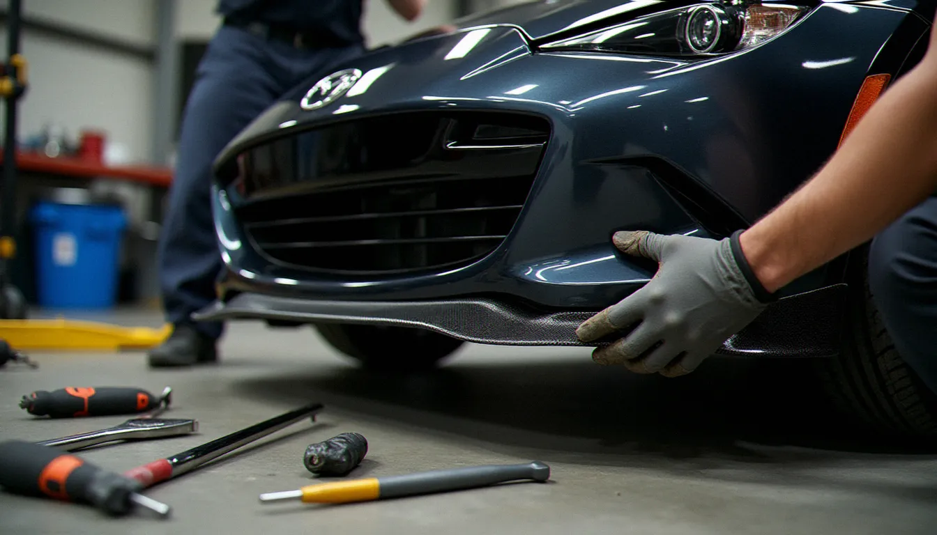 Montage d'un lip avant en fibre de carbone sur une Mazda MX5 NB dans un atelier de préparation automobile spécialisé