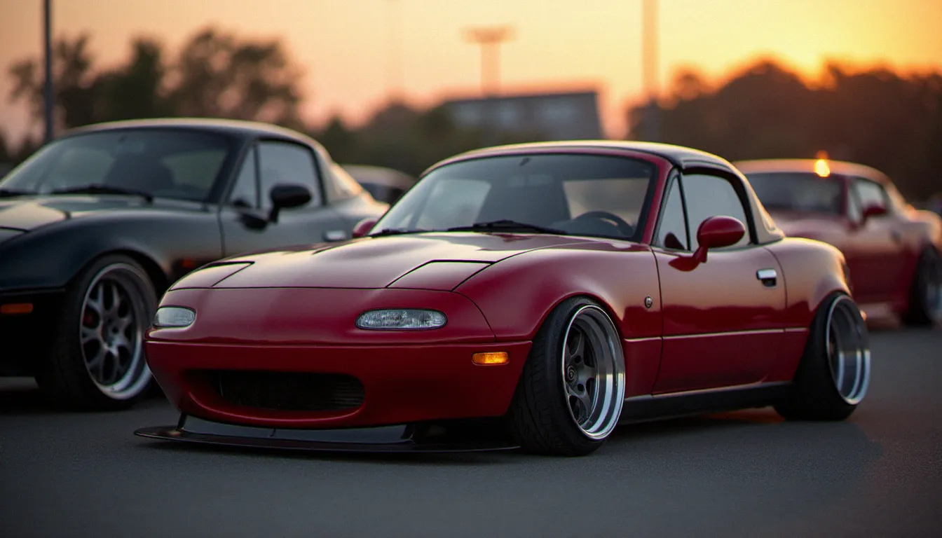 Mazda MX5 NA Miata rouge sur combinés filetés et jantes JDM dans un rassemblement de voitures de sport au crépuscule