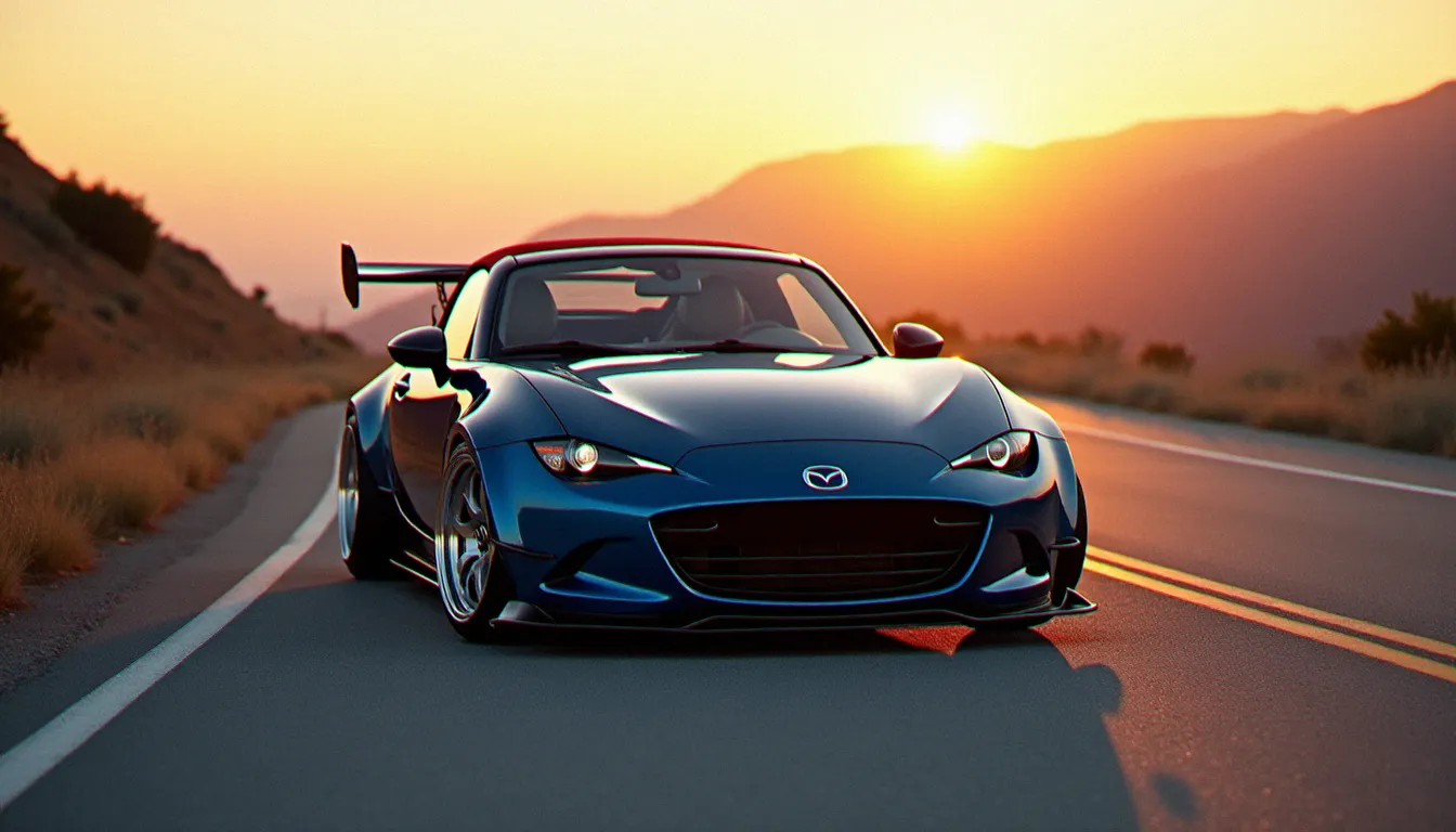 Mazda MX5 ND préparée avec kit carrosserie large et jantes forgées sur route de montagne au coucher de soleil, tuning Mazda MX5 haute performance