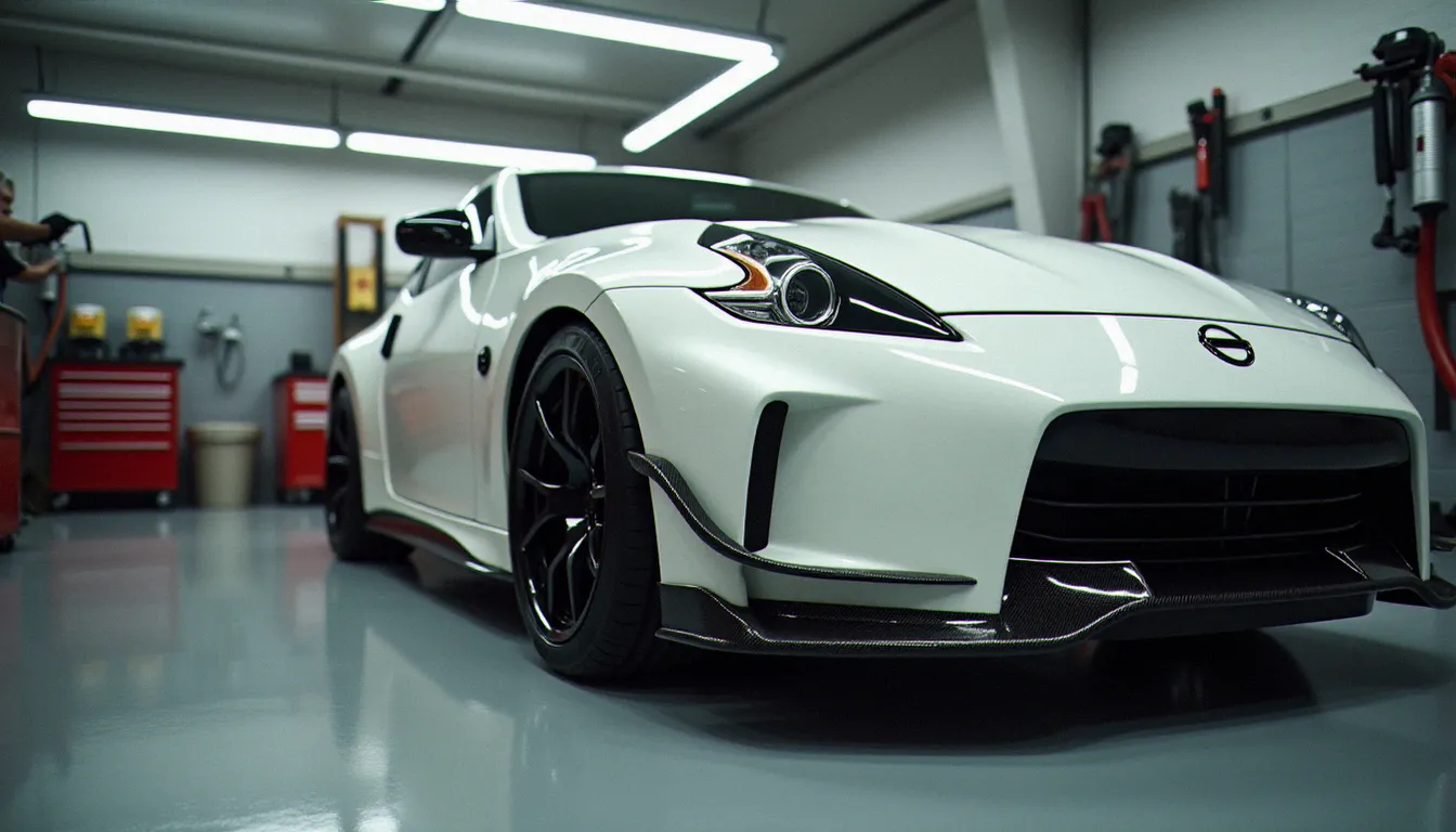 Montage d'un bas de caisse en polyuréthane sur une Nissan 370Z blanche en atelier professionnel, gros plan sur les fixations et le travail de pose du kit carrosserie