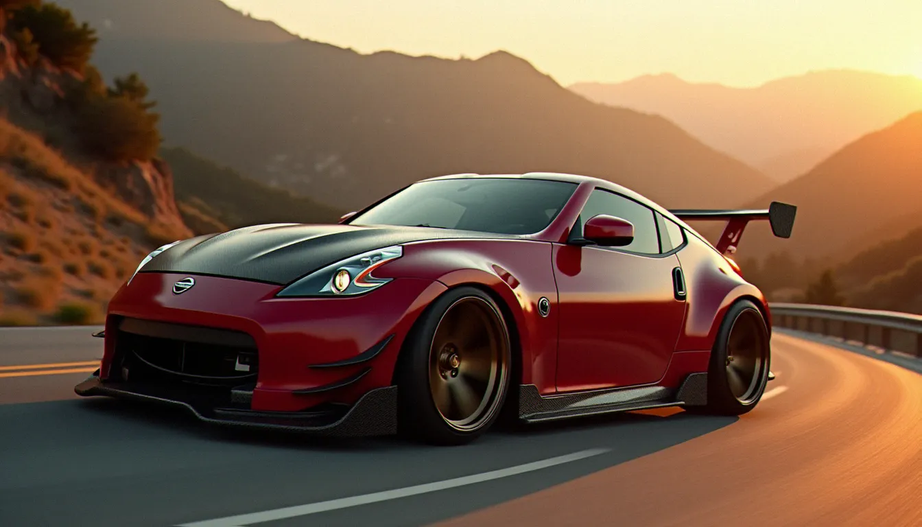 Nissan 370Z rouge avec kit carrosserie JDM wide body, ailes élargies et jantes bronze sur route de montagne en lumière dorée, style tuning visuel agressif et cohérent