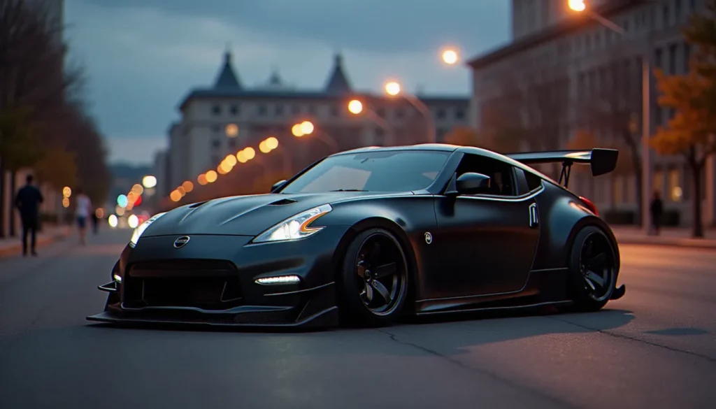 Nissan 370Z noire mate préparée avec kit carrosserie Nismo complet et jantes aftermarket gunmetal, illustrant le tuning Nissan 370Z haute définition au coucher du soleil urbain