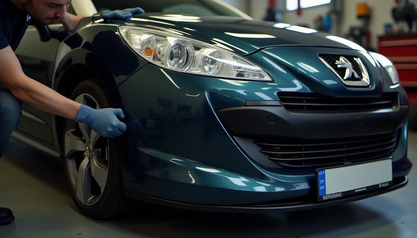 Montage d'une lèvre de pare-chocs polyuréthane sur l'avant d'une Peugeot RCZ dans un atelier de préparation automobile