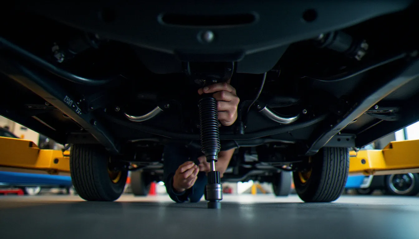 Installation d'un kit combinés filetés sous une Peugeot RCZ sur pont élévateur, vue du train avant lors de la préparation suspension