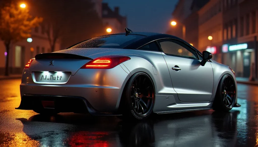 Peugeot RCZ avec kit carrosserie large et jantes forgées, préparée tuning, vue arrière trois-quarts sous éclairage urbain nocturne