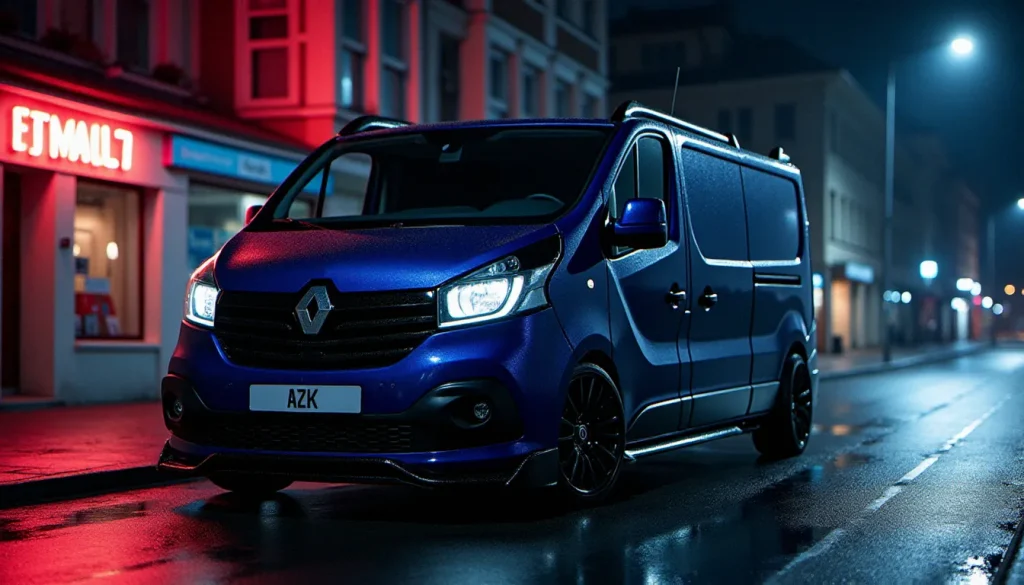 Renault Trafic 3 avec kit tuning complet incluant bouclier avant sport, bas de caisse et jantes alu, photographié de nuit en milieu urbain