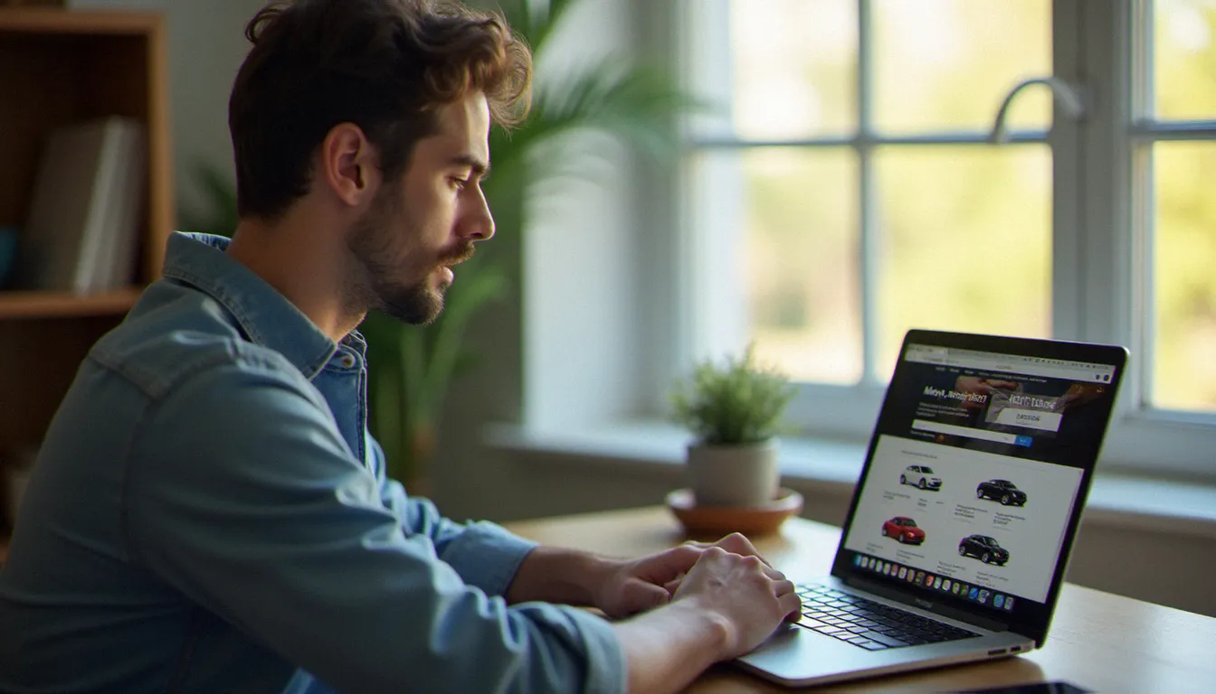 Acheteur comparant des offres de véhicules en ligne sur son ordinateur portable, illustrant le processus d'achat numérique direct qui rend Aramis Auto moins cher que les circuits traditionnels