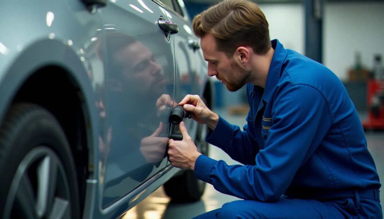 Technicien inspectant minutieusement la carrosserie d'un véhicule lors de la livraison, étape clé pour valider un achat effectué moins cher via une plateforme en ligne comme Aramis Auto