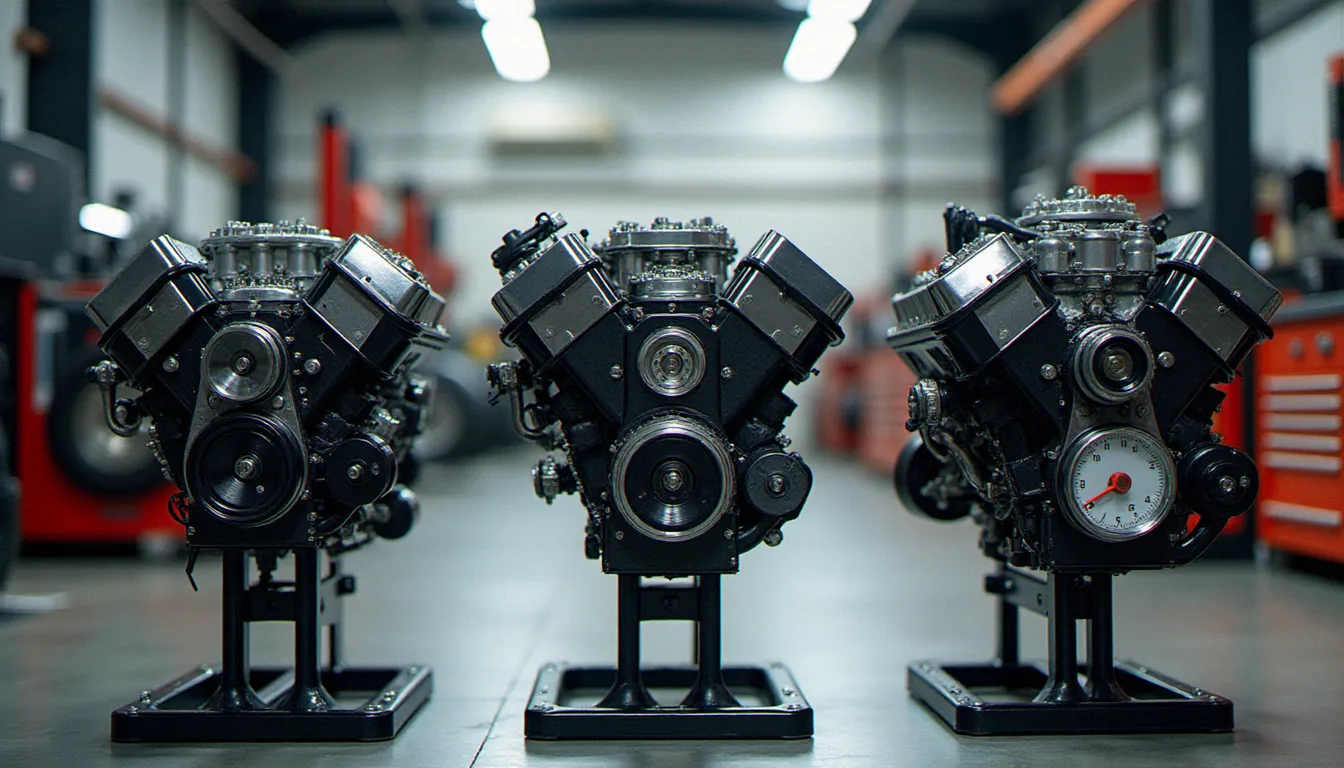 Comparaison de trois configurations de moteurs à pistons — en ligne, en V et boxer — posés sur des stands en atelier de préparation automobile
