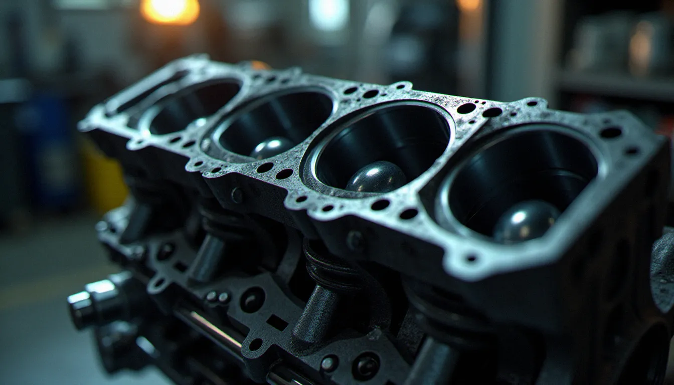 Vue en coupe d'un bloc moteur à pistons révélant l'architecture des cylindres en ligne, les bielles et le vilebrequin en atelier mécanique