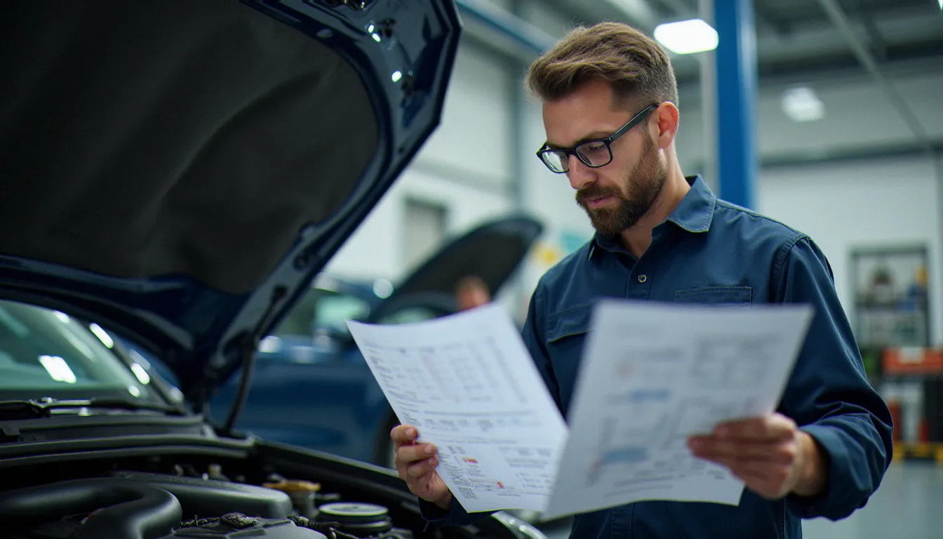 Ingénieur automobile examinant les normes techniques ACEA sur des fiches de spécification dans un atelier professionnel