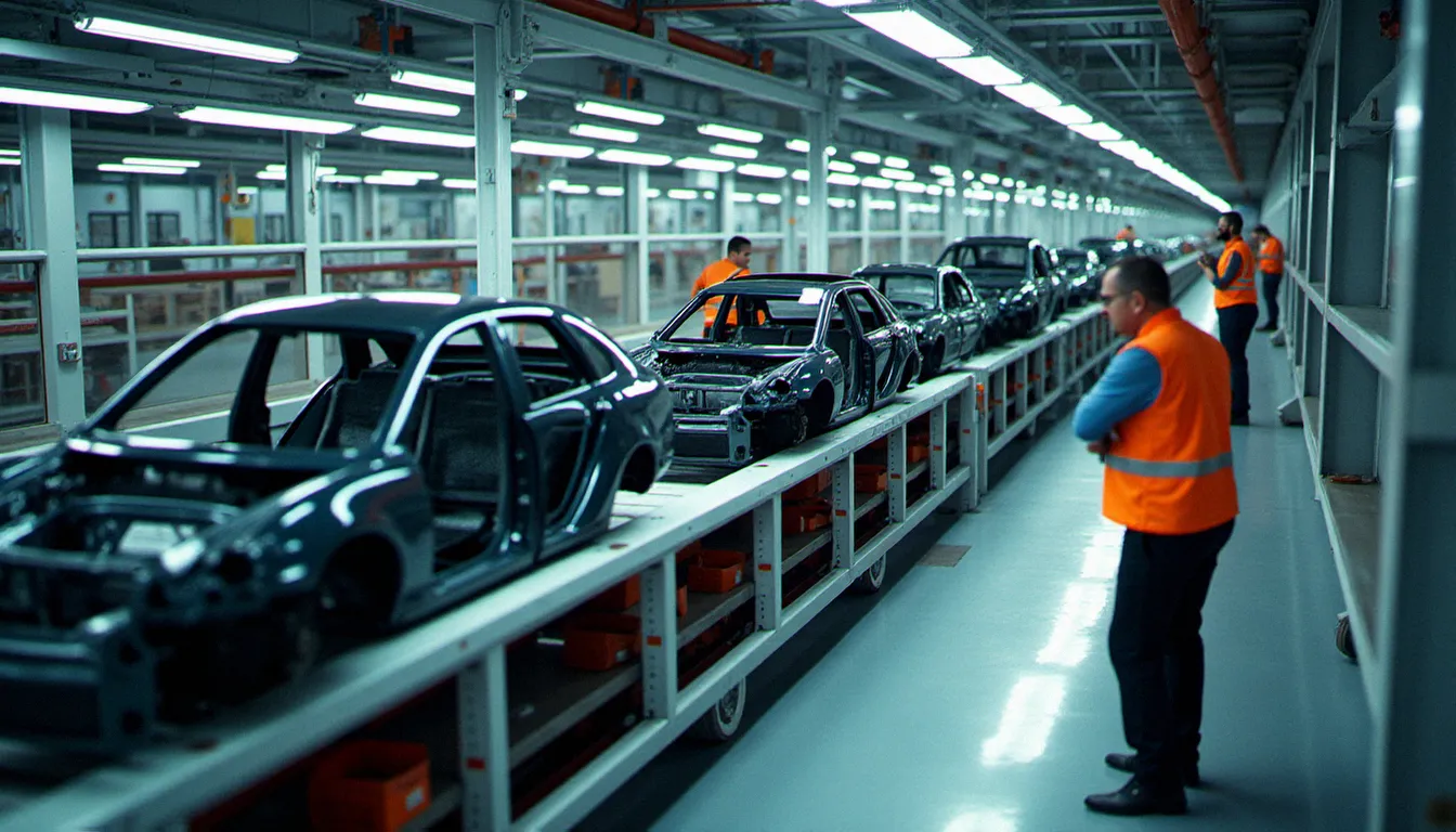 Ligne d'assemblage automobile européenne représentant les standards industriels de l'association des constructeurs européens d'automobiles