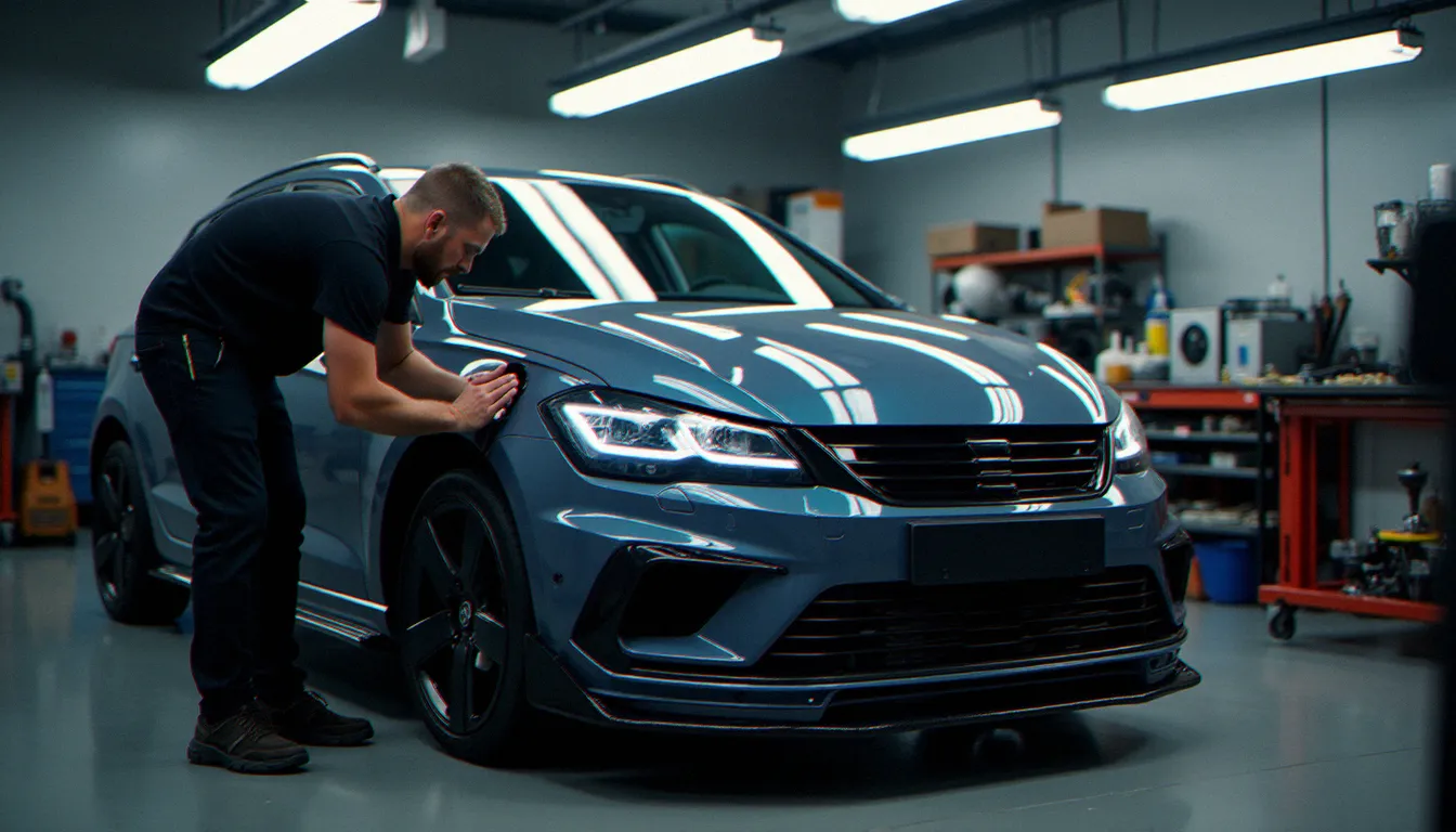Mécanicien installant un kit carrosserie large sur une compacte française dans un atelier de préparation, illustrant l'impact des modifications sur l'assurance automobile
