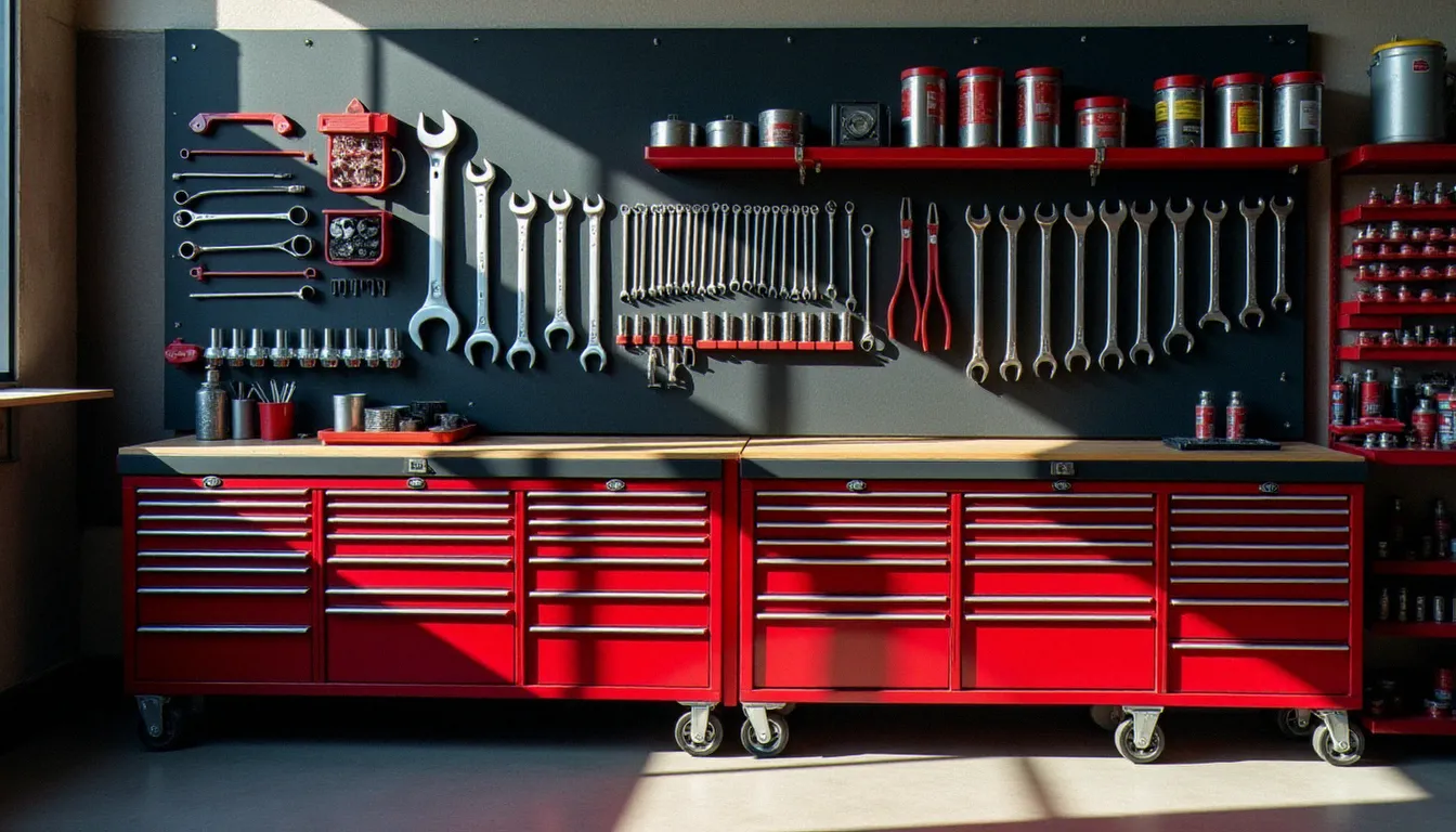 Panneau d'outils organisé avec silhouettes et rangement codifié dans un atelier automobile professionnel