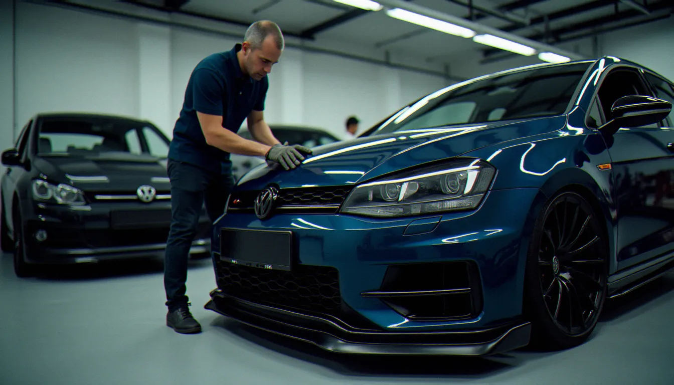 Technicien en train de poser un kit carrosserie sur un véhicule dans un atelier de réparation automobile propre et bien éclairé
