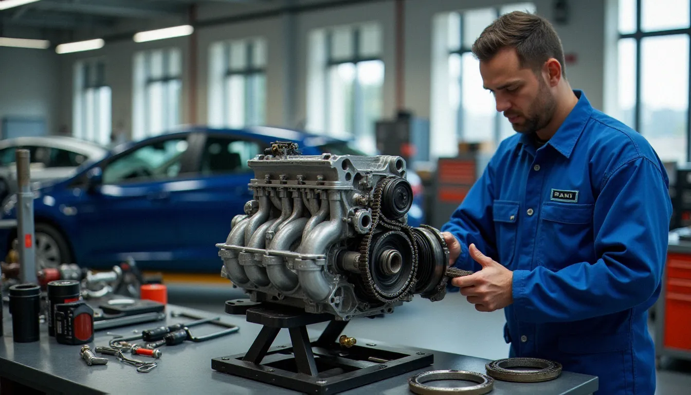 Mécanicien professionnel inspectant une chaîne de distribution sur un bloc moteur turbo démonté posé sur un établi dans un atelier automobile moderne
