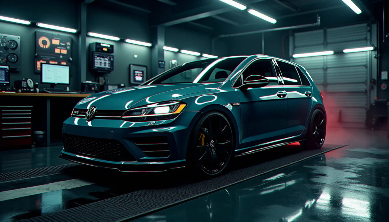 Golf GTI préparée sur banc de puissance dans un atelier de tuning professionnel, illustration d'un build sur auto avec chaîne de distribution en phase de cartographie moteur