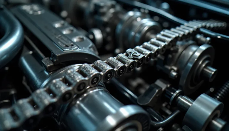 Chaîne de distribution métallique visible dans le compartiment moteur ouvert d'une auto avec chaîne de distribution, tendeur hydraulique et pignons en acier poli
