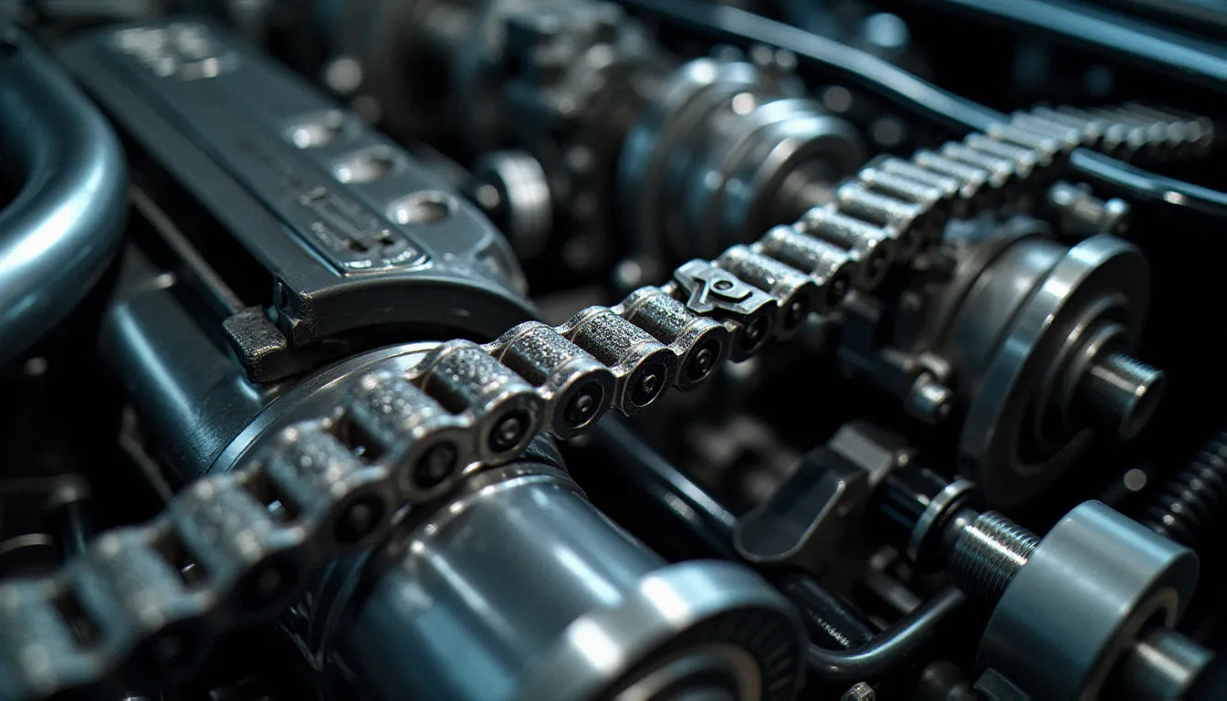 Chaîne de distribution métallique visible dans le compartiment moteur ouvert d'une auto avec chaîne de distribution, tendeur hydraulique et pignons en acier poli