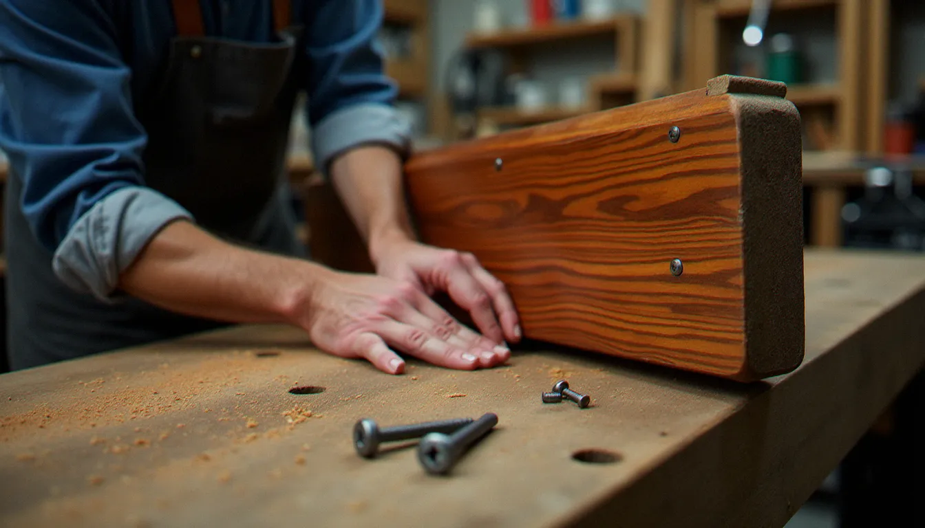 Pose soignée d'un panneau de bois teck verni sur une portière de break vintage par un préparateur automobile en atelier