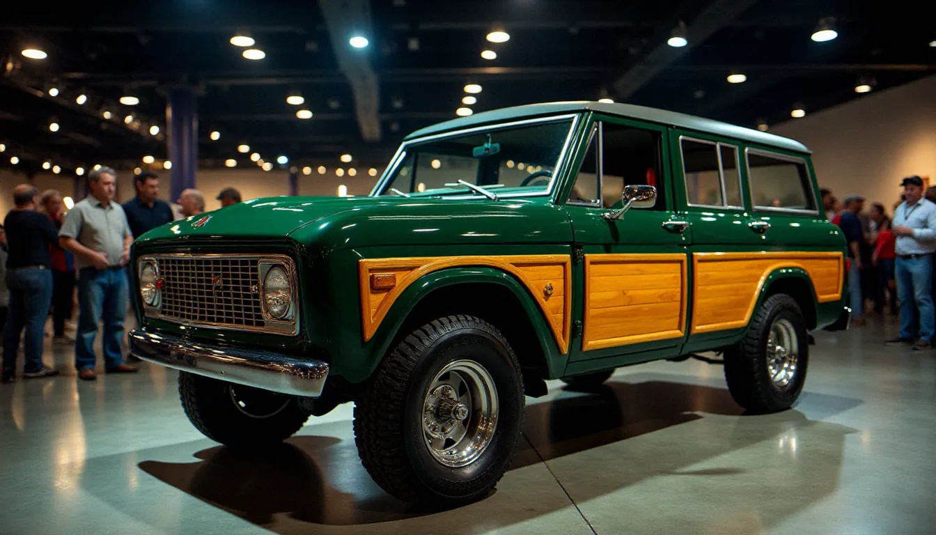 SUV vintage vert foncé équipé de panneaux latéraux en bois miel exposé sous les projecteurs d'un salon de voitures custom