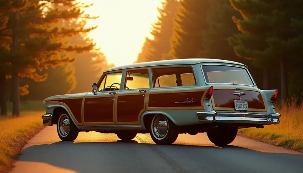 Auto avec panneau de bois en acajou poli sur un break américain des années 1960, photographiée en lumière dorée sur une route de campagne