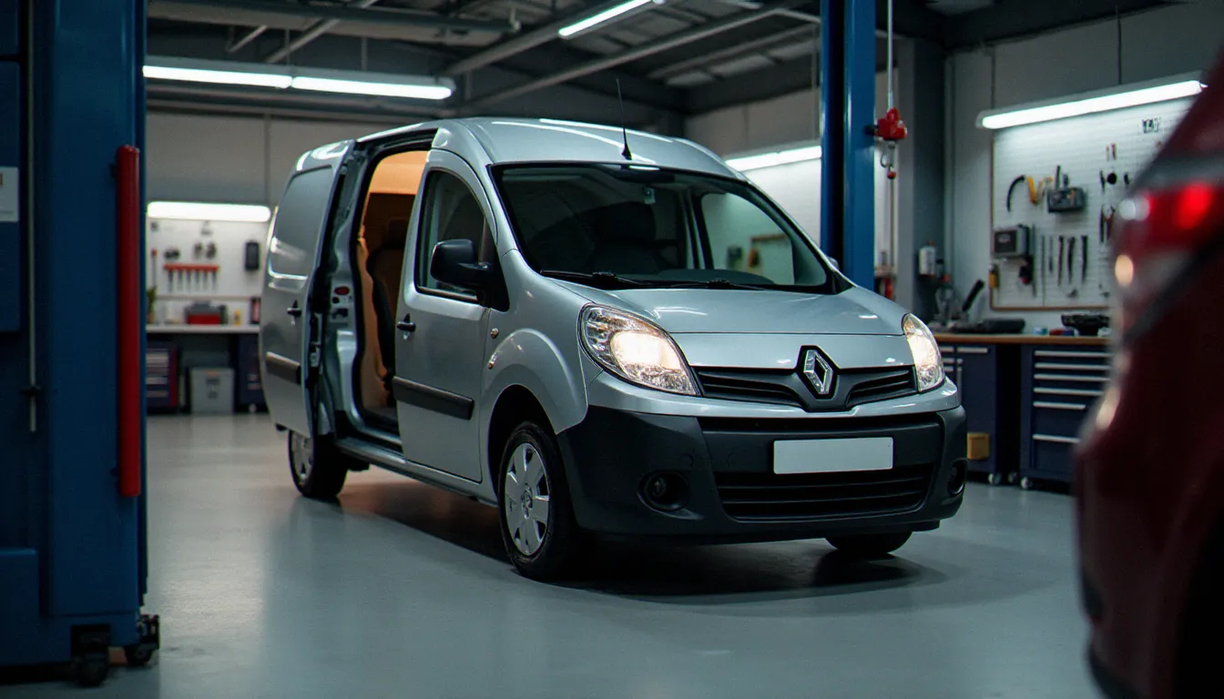 Renault Kangoo avec porte coulissante grande ouverte dans un atelier de préparation automobile, vue intérieure de l'espace de chargement
