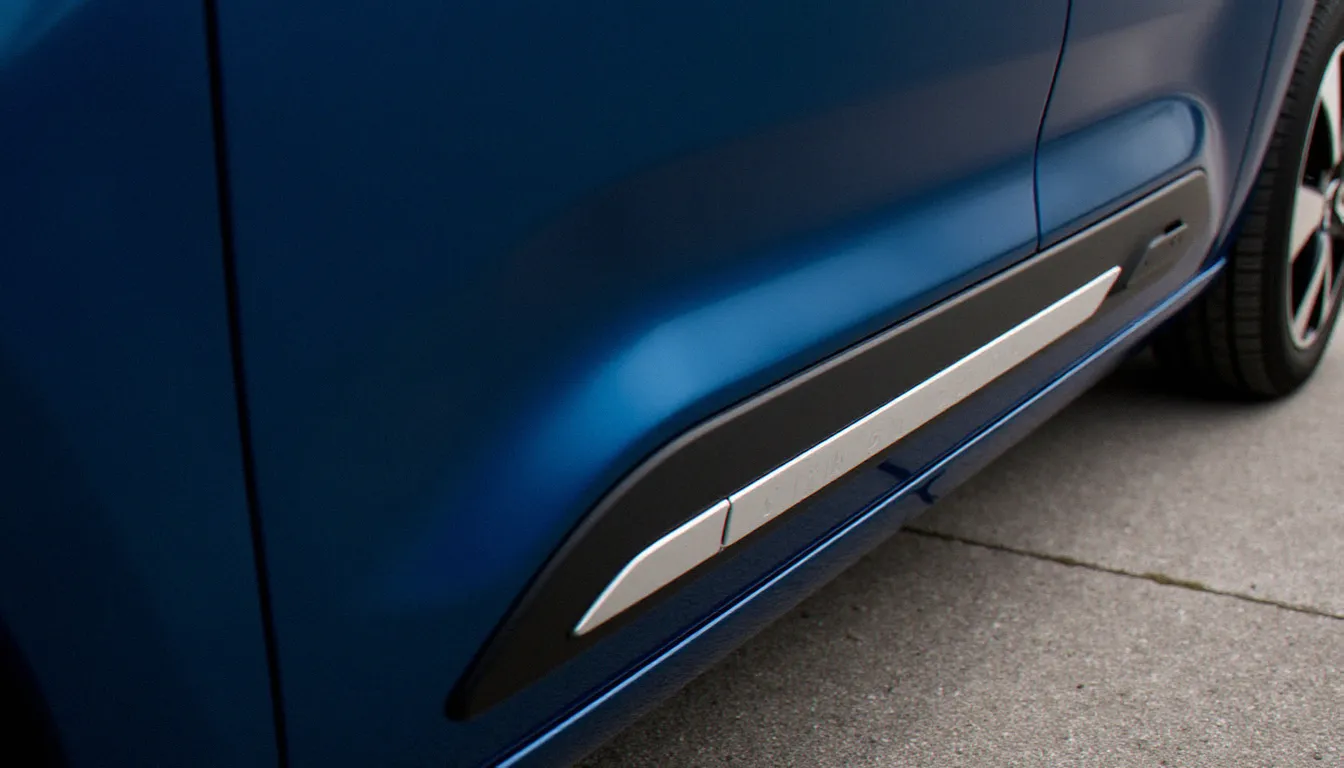 Kit carrosserie bas de caisse installé sous le rail de porte coulissante d'un Citroën Berlingo bleu, vue en détail de la découpe autour du rail inférieur