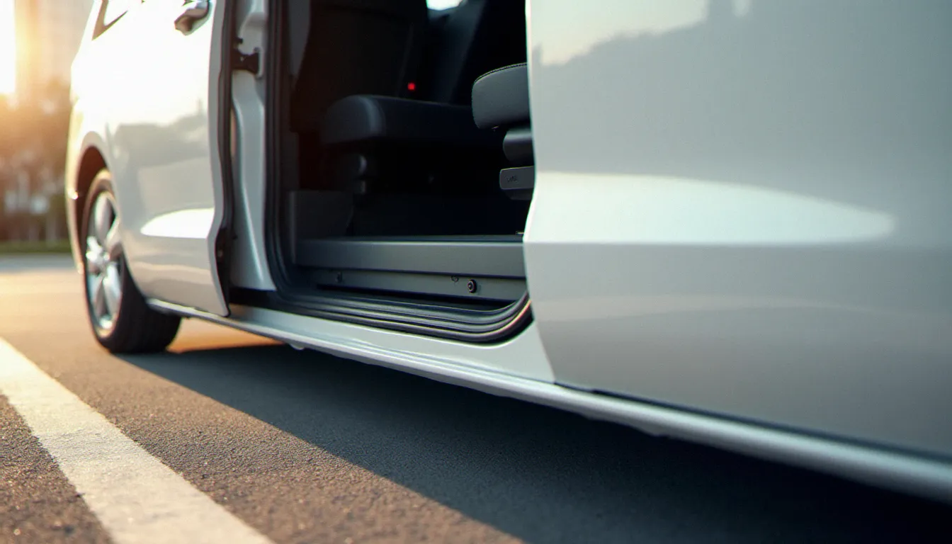 Auto avec porte coulissante ouverte sur un parking urbain, détail du rail et du mécanisme de glissement en plein jour