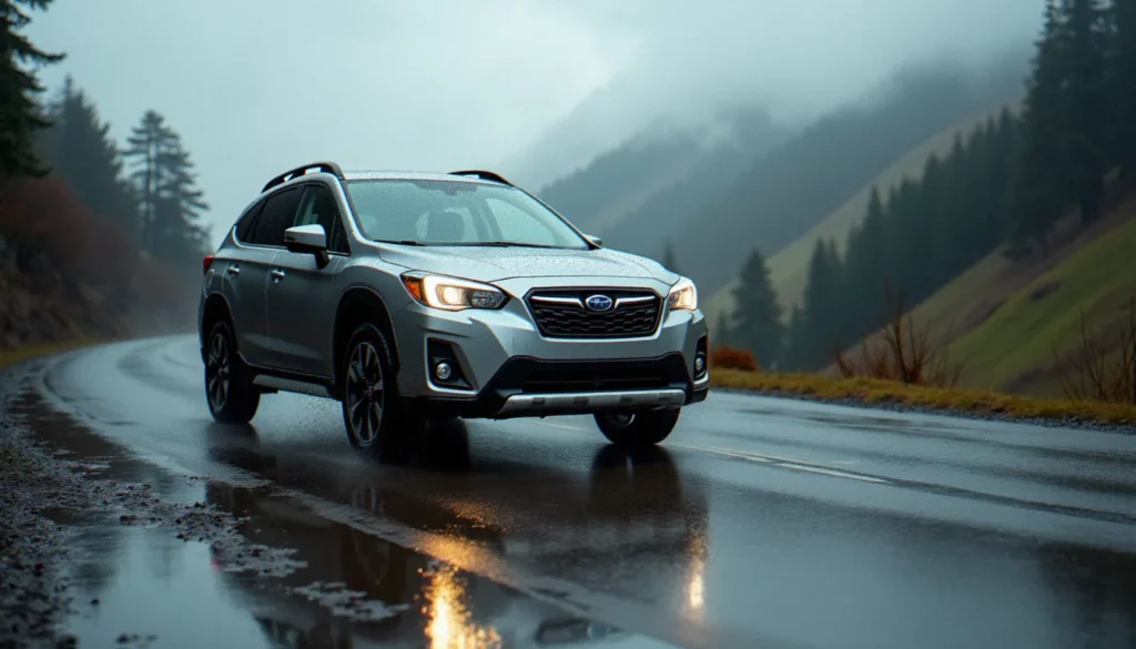 Auto avec traction intégrale roulant sur route de montagne mouillée sous ciel nuageux, vue dynamique en contre-plongée