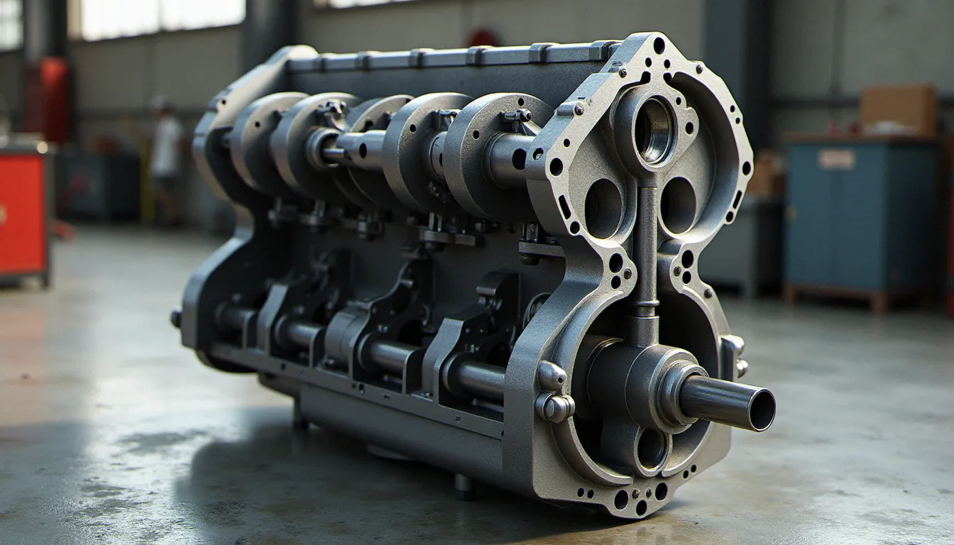 Coupe transversale d'un bloc moteur V6 montrant les deux bancs de cylindres inclinés à 60 degrés et le vilebrequin commun
