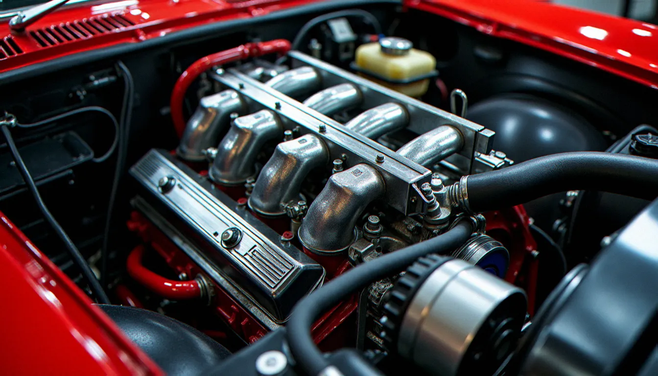 Moteur V8 atmosphérique dans un compartiment moteur de voiture de sport, illustrant la disposition en V caractéristique d'une auto avec un V