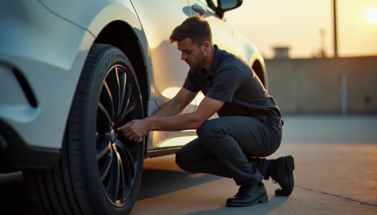 Préparateur auto inspectant les passages de roues et les bas de caisse d'une voiture de location pour évaluer sa compatibilité avec un kit carrosserie, exemple concret d'auto avis location appliqué au terrain