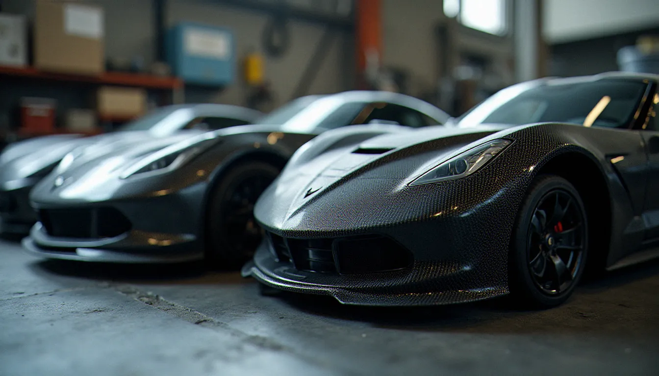 Comparaison de matériaux pour kit carrosserie prestige — ABS, fibre de verre et carbone véritable — posés côte à côte sur un établi d'atelier automobile