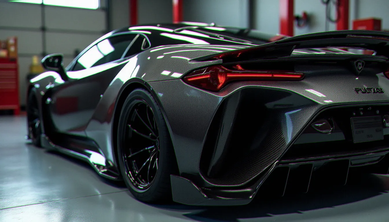 Kit carrosserie prestige en fibre de carbone installé sur une voiture sport dans un atelier professionnel, illustrant un auto avis prestige de qualité