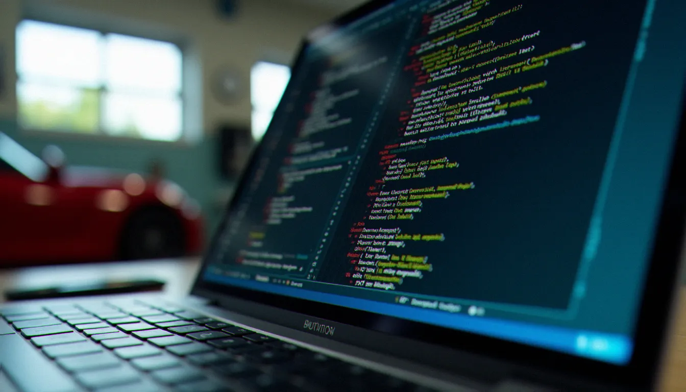 Code Python d'automatisation de commentaires TikTok affiché sur un écran d'ordinateur portable avec terminal de log actif dans un atelier de préparation automobile