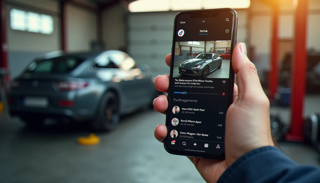 Main de mécanicien tenant un smartphone avec TikTok affichant une vidéo de kit carrosserie et la section commentaires visible en atelier automobile