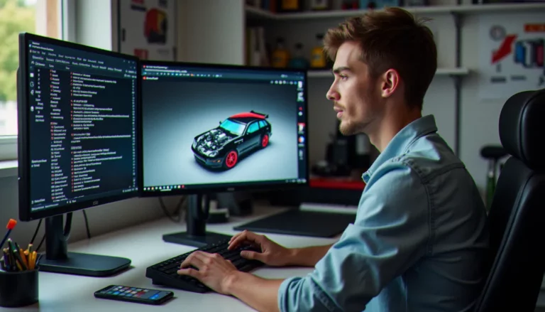 Préparateur automobile utilisant un outil d'auto comment TikTok free sur son ordinateur avec des vidéos de kits carrosserie affichées à l'écran