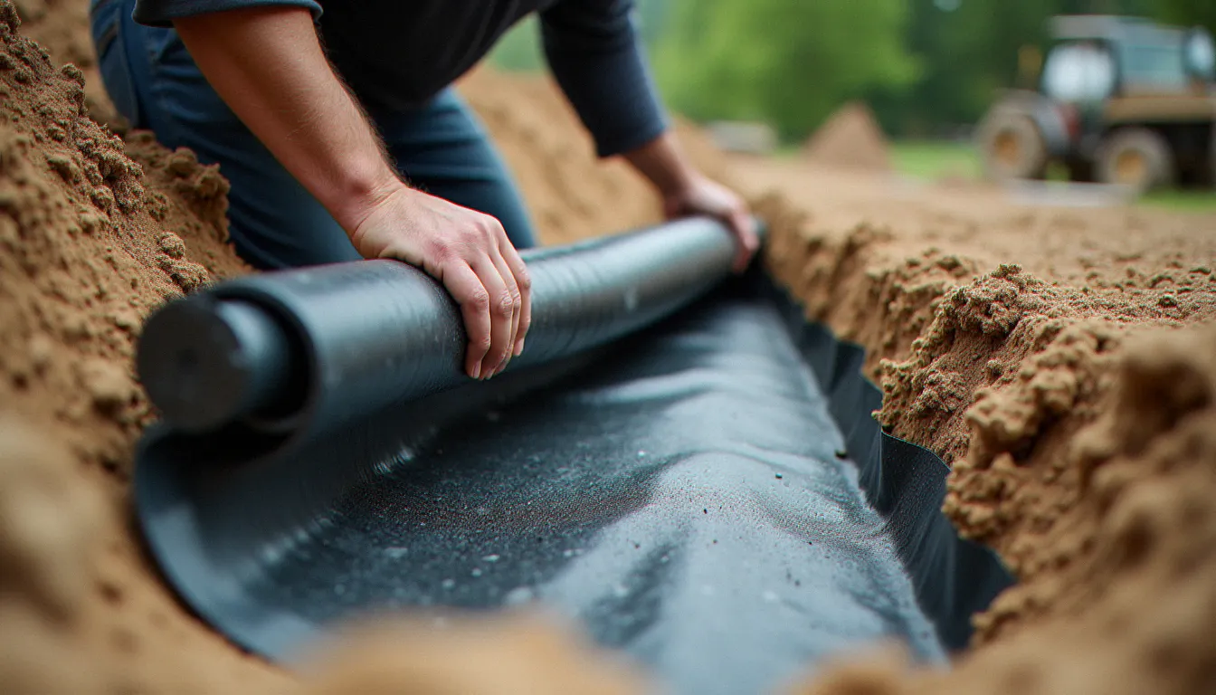Pose d'une bâche EPDM dans le creusement d'une piscine naturelle en auto construction, avec géotextile de protection visible en dessous