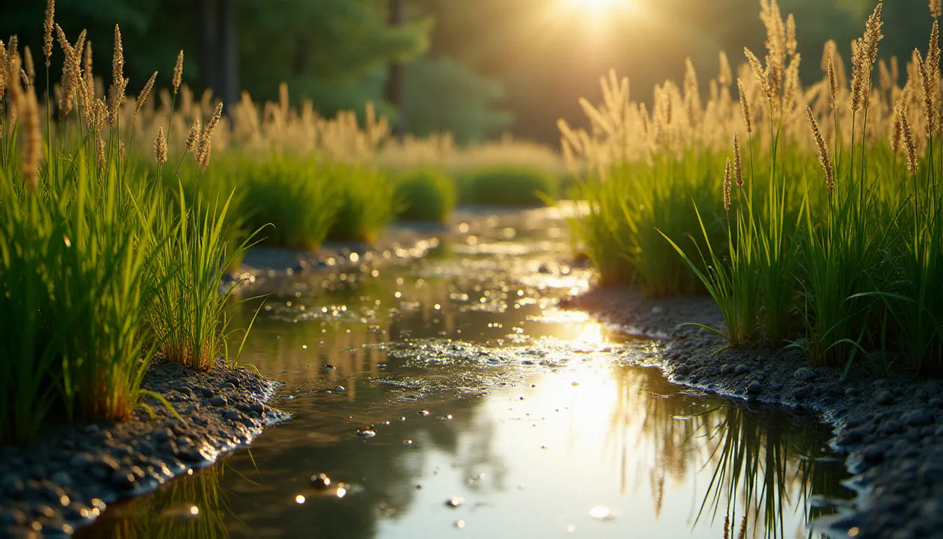 Zone de régénération d'une piscine naturelle avec roseaux Phragmites, massettes et iris des marais plantés dans un substrat de gravier filtrant