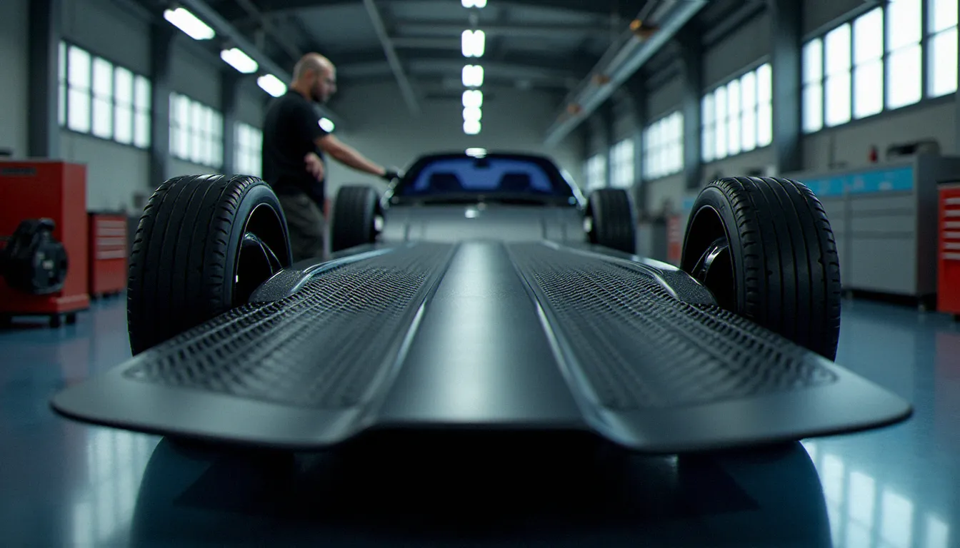 Soubassement plat d'une voiture électrique en atelier montrant les canaux aérodynamiques du kit effetto suolo et la batterie intégrée au plancher