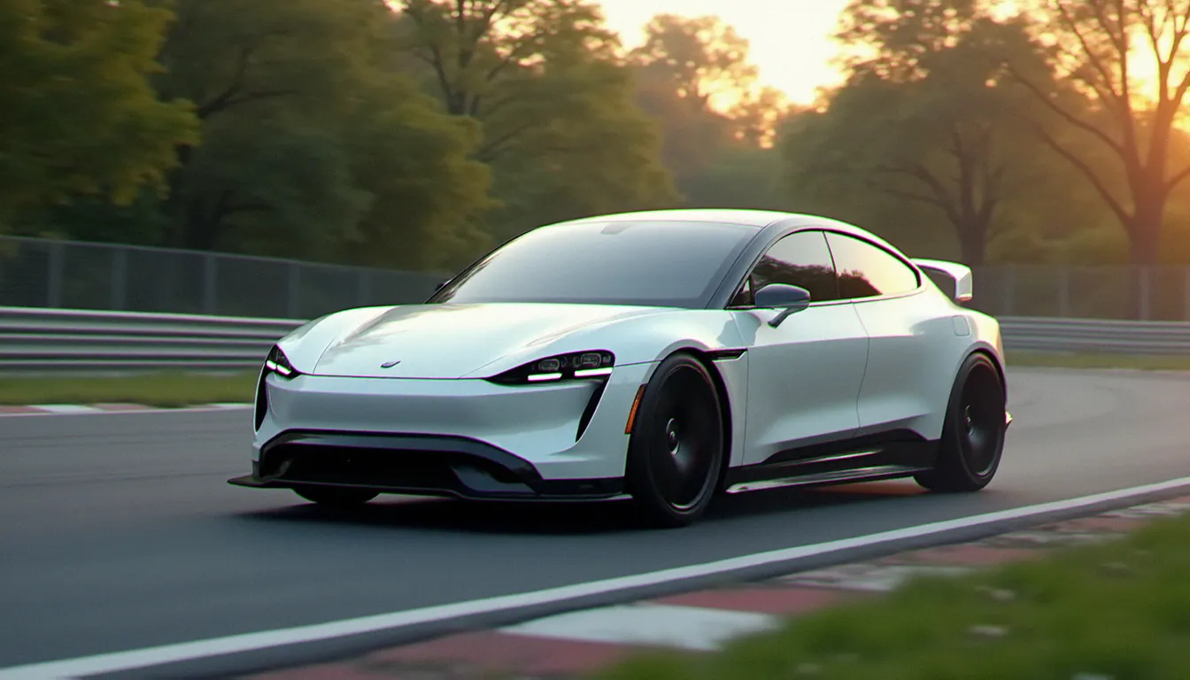 Voiture électrique en virage rapide sur circuit avec kit carrosserie effet de sol monté, splitter avant et diffuseur arrière visibles, démontrant l'appui aérodynamique en action