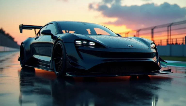 Voiture électrique équipée d'un kit auto effetto suolo elettrica avec splitter avant et diffuseur arrière en carbone, vue depuis le sol sur piste mouillée