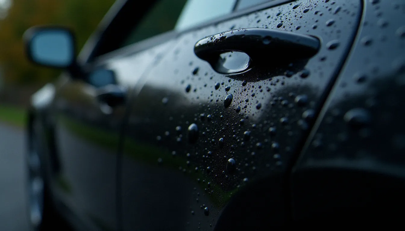 Effet perlant de l'eau sur carrosserie protégée, résultat visible d'un traitement hydrophobe automobile testé