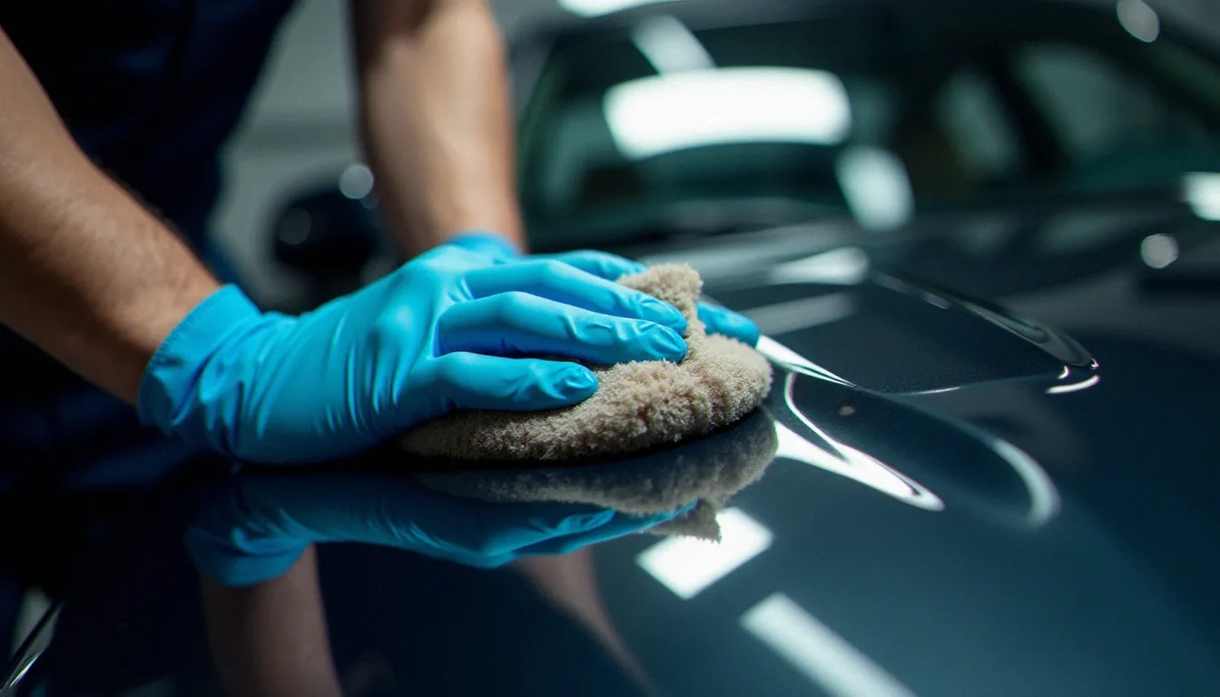 Préparateur auto appliquant un produit de protection carrosserie sur une voiture, test terrain pour un avis auto efficace complet