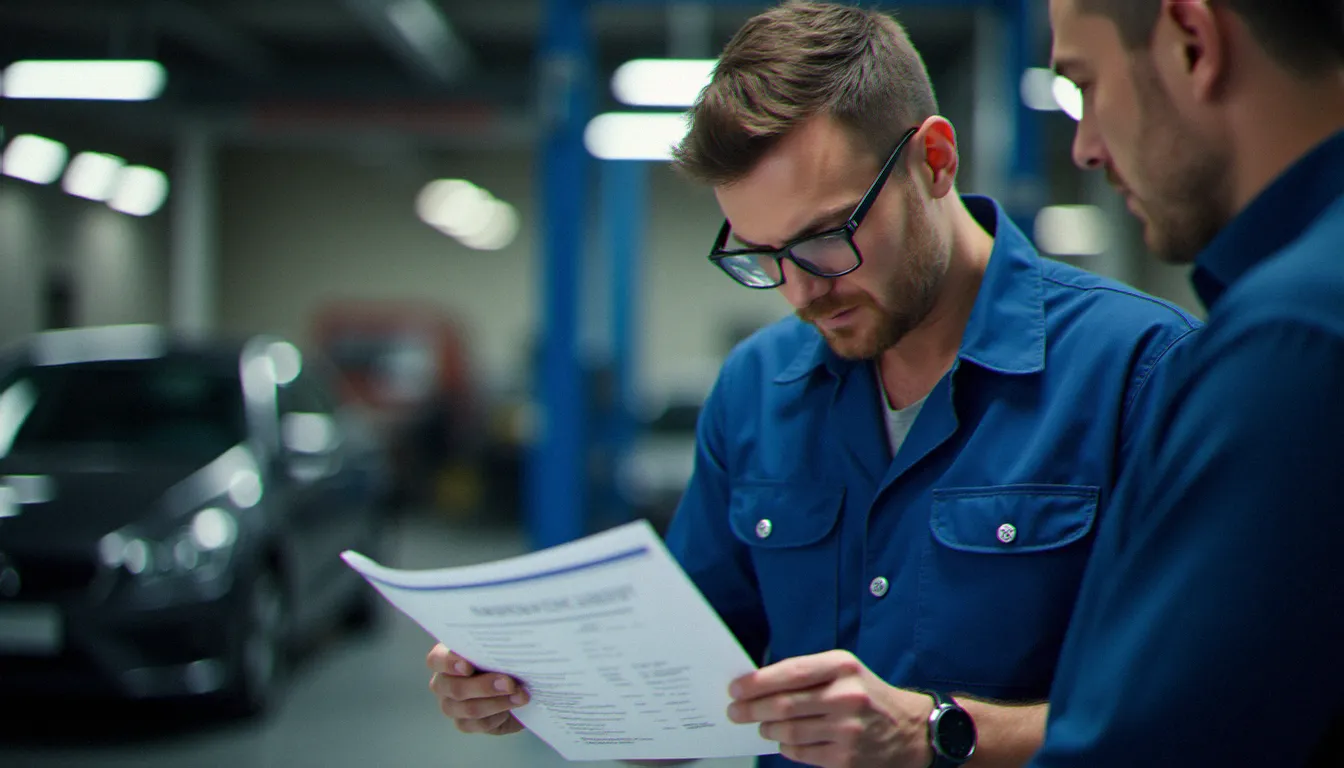 Technicien automobile présentant un devis détaillé à un client dans un atelier moderne, illustration des avis sur la transparence tarifaire d'Auto Efficace Montpellier