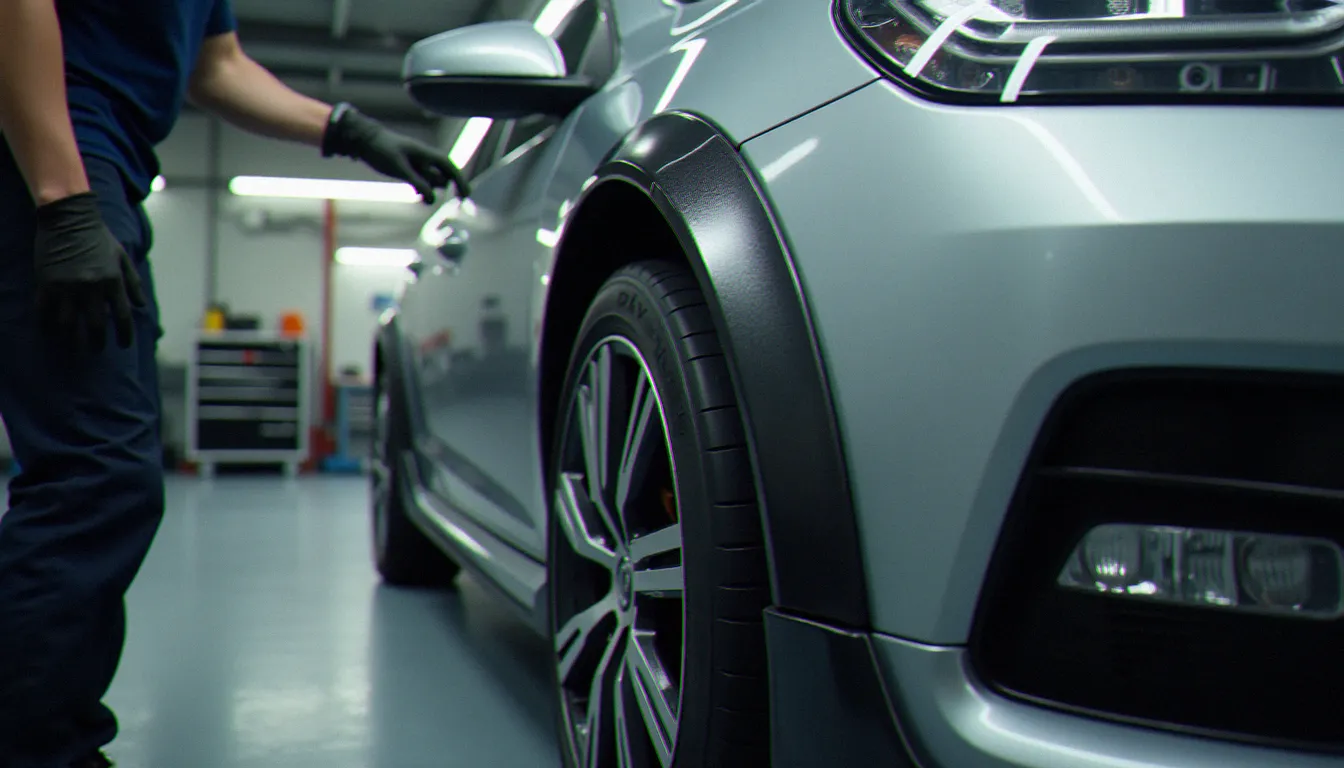 Technicien carrossier en train de poser un kit carrosserie bas de caisse sur une voiture en atelier, illustrant la qualité de prestation analysée dans les avis