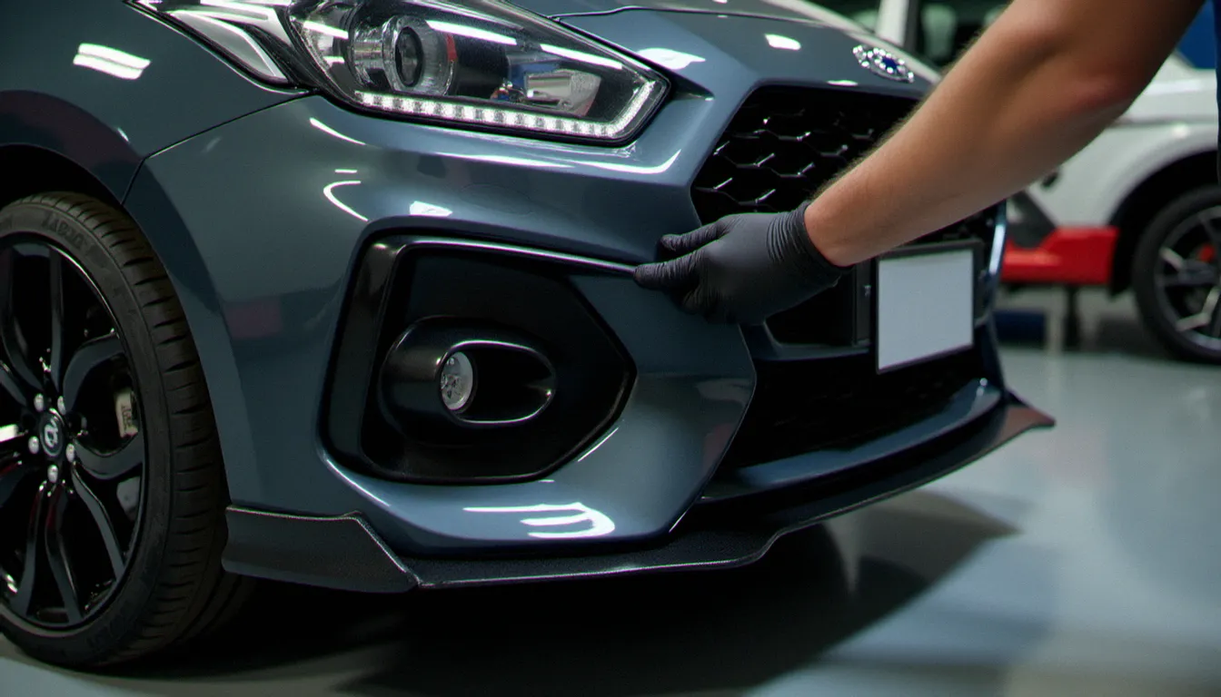 Pose précise d'un kit carrosserie sur un véhicule en atelier, illustrant l'importance de la compatibilité des pièces lors d'une personnalisation auto à Montpellier