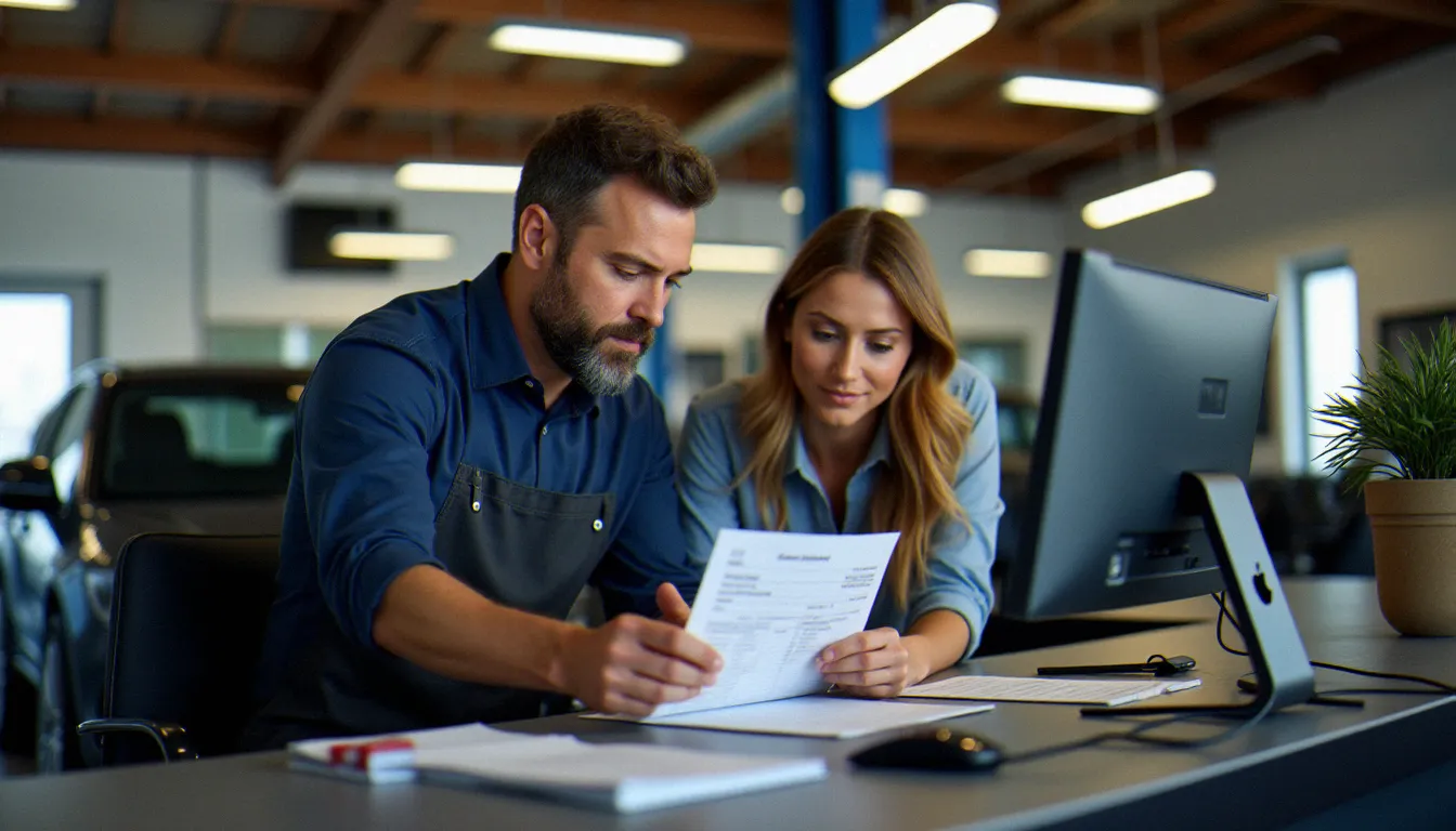 Client et conseiller de centre auto examinant un devis de carrosserie, représentant la comparaison de tarifs évoquée dans les avis Auto Efficace Montpellier