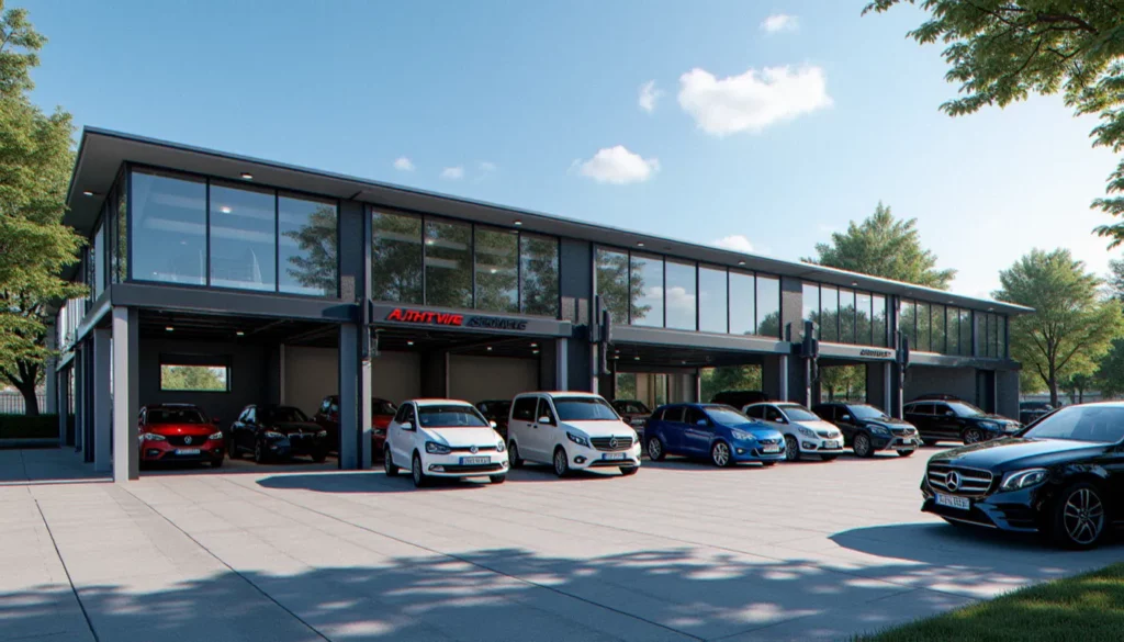 auto efficace montpellier avis featured 1 Centre auto de type Auto Efficace à Montpellier, vue extérieure avec bays de service et véhicules stationnés, illustration d'un avis sur Auto Efficace Montpellier